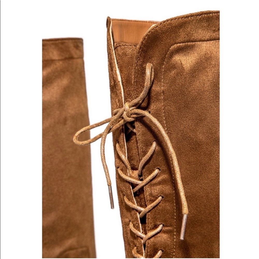 Tan Over The Knee Chunky Low Heel Lace Up Boots - Picture 3 of 9